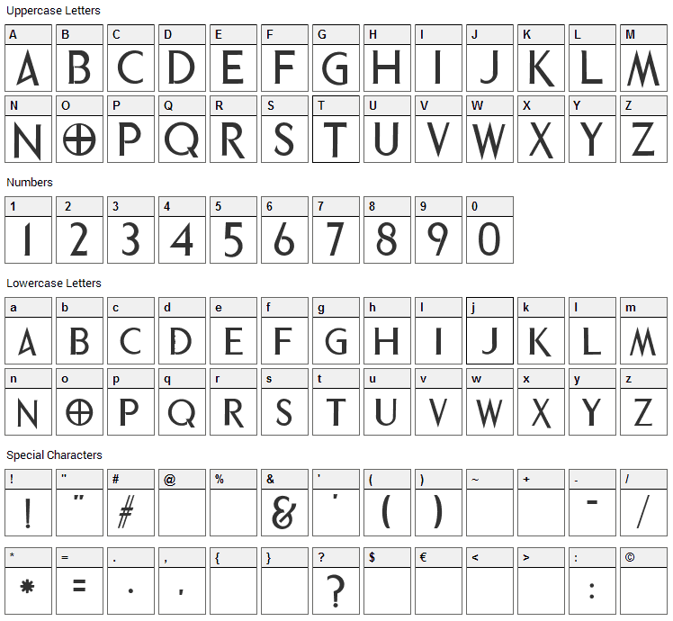 Phrixus Font Character Map