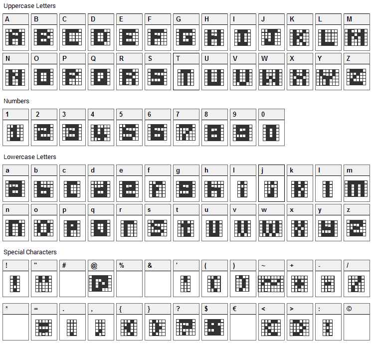 Pica Hole Font Character Map