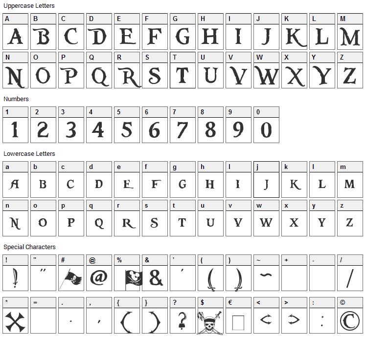 Pieces of Eight Font Character Map