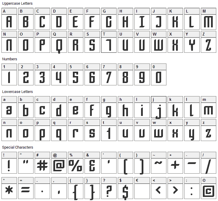 Piezolectric Font Character Map