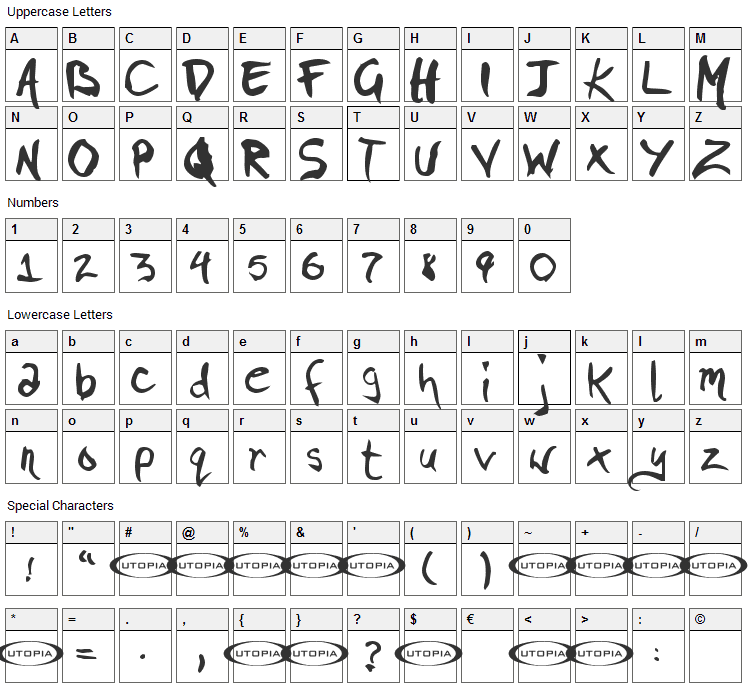 Pigae Font Character Map