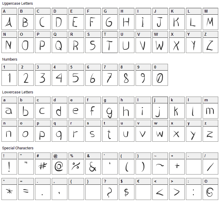 Pincel Handwrite Font Character Map