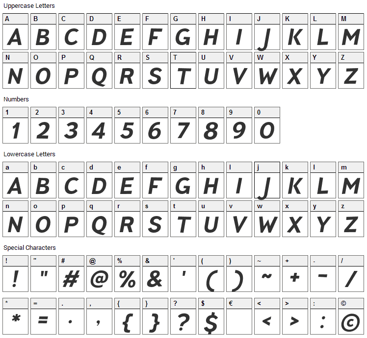 Pines Font Character Map