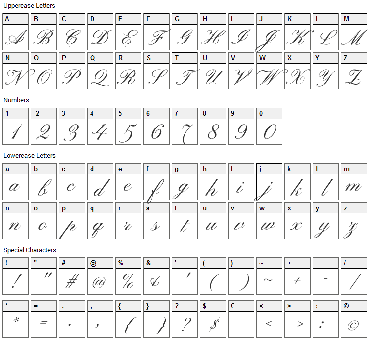 Pinyon Script Font Character Map