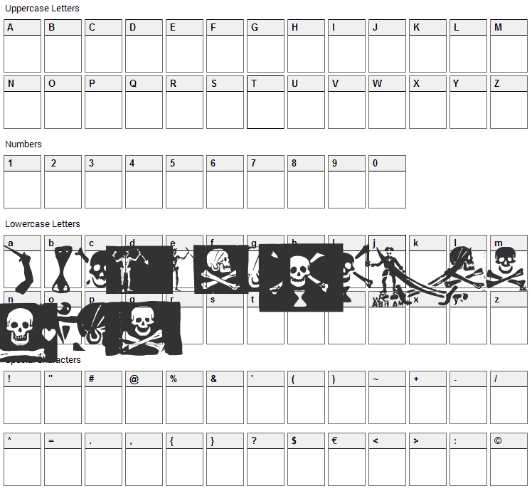Pirates PW Font Character Map