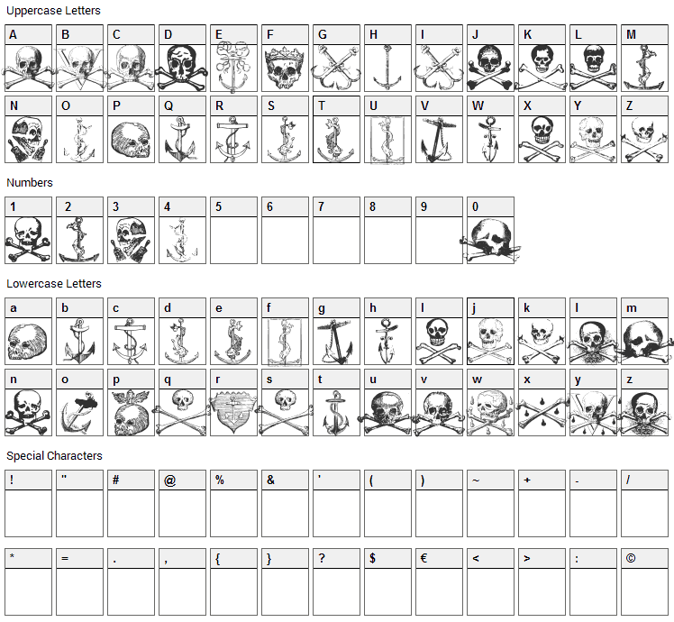 Pirates Two Font Character Map