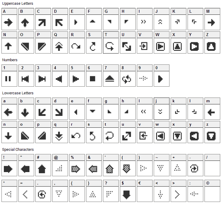 PixArrows Font Character Map