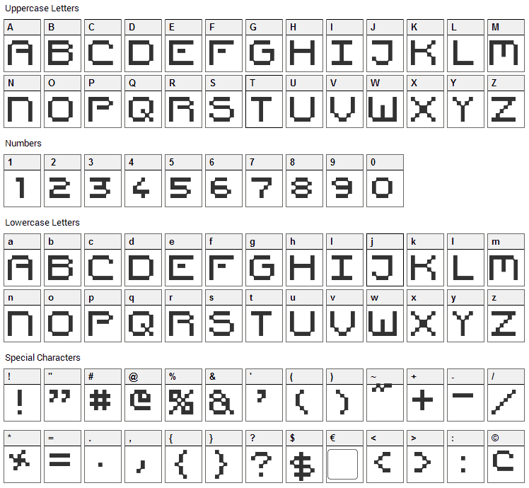 Pixel Countdown Font Character Map