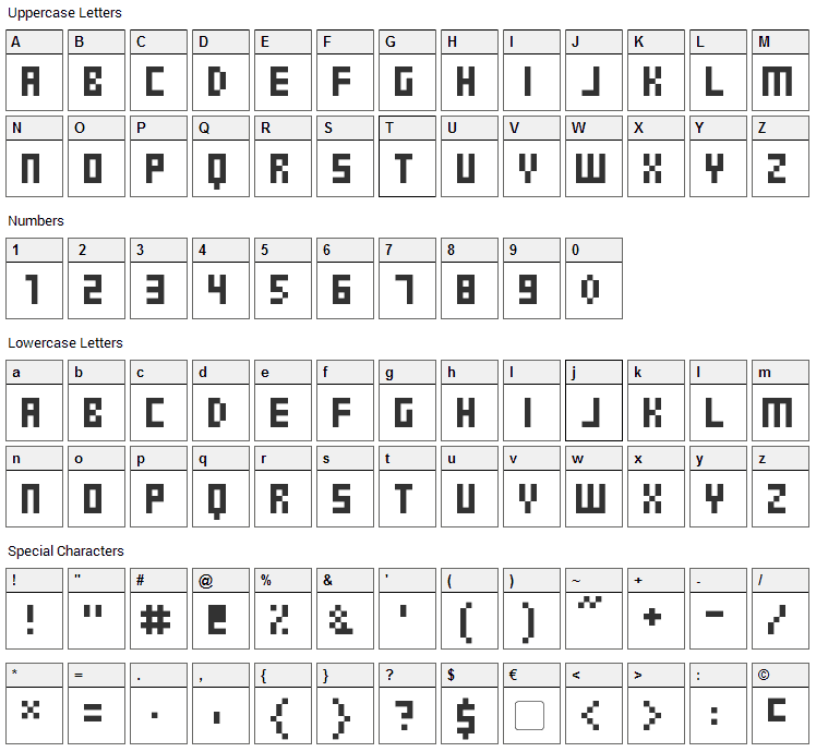 Pixel Gosub Font Character Map