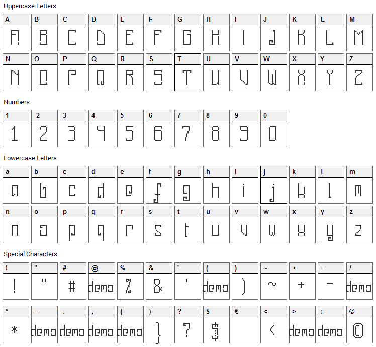 Pixelanky CE Font Character Map