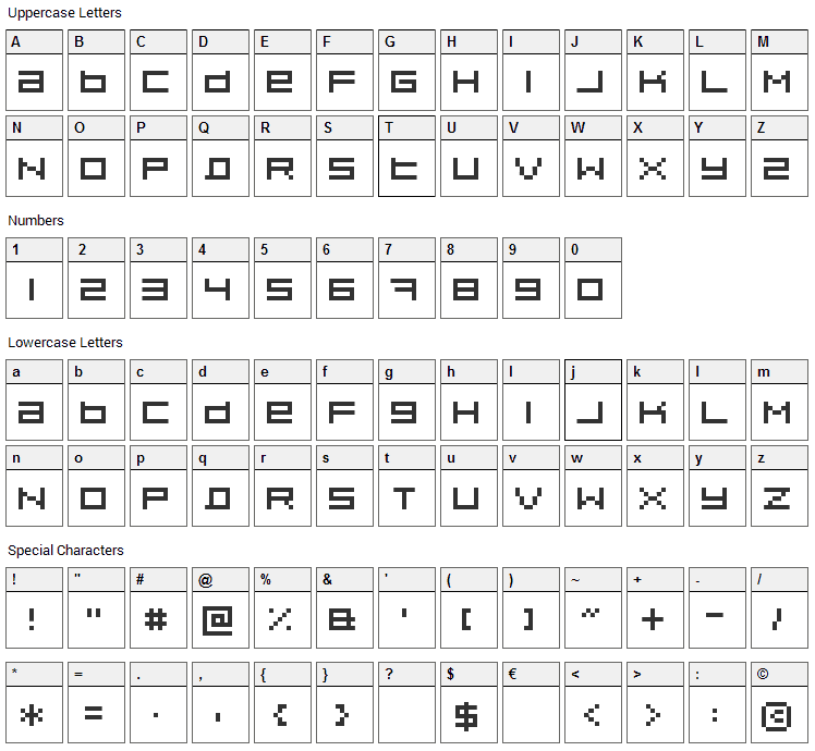 Pixeldust Font Character Map