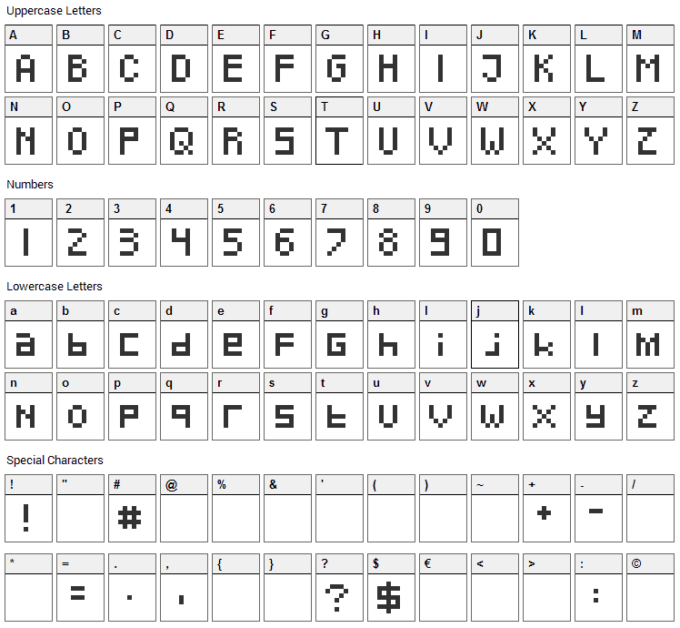 Pixeled Font Character Map