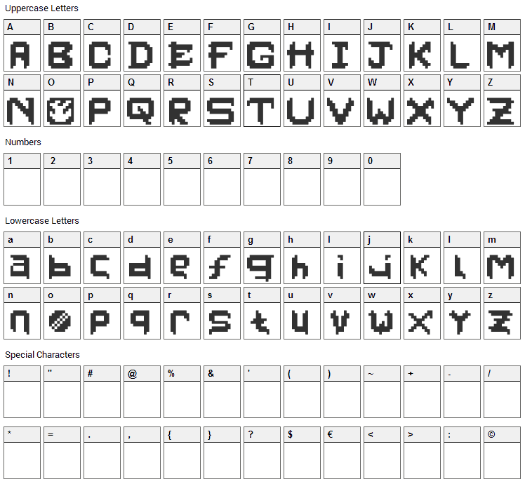 PixelFaceOnFire Font Character Map