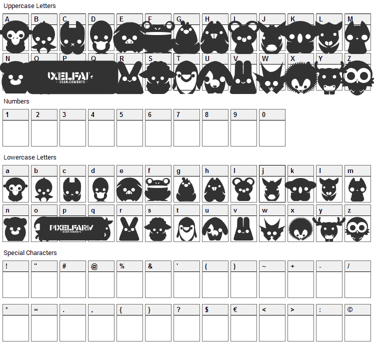 Pixelfarms Pets Font Character Map