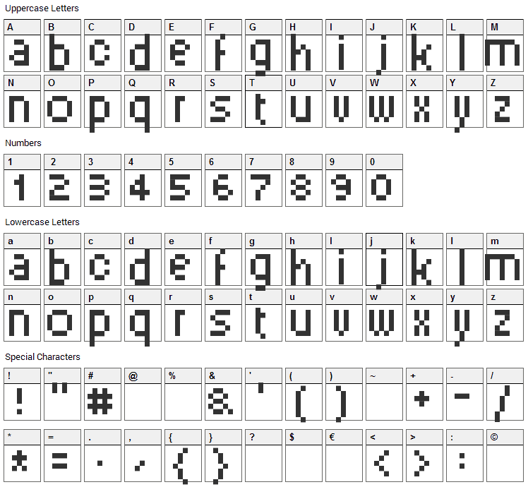 PixelSix Font Character Map