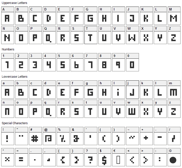 Pixies Font Character Map