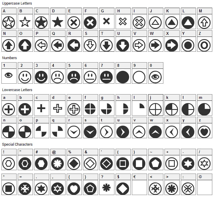 PizzaDude Bullets Font Character Map