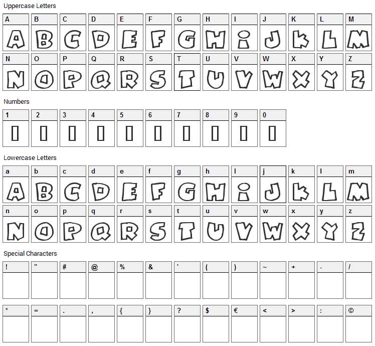 Pizzadude Fat Outline Font Character Map