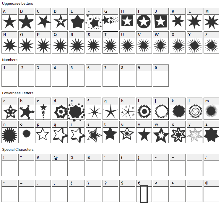 PizzaDude Stars Font Character Map