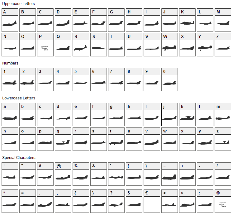 Planes-S-Modern Font Character Map