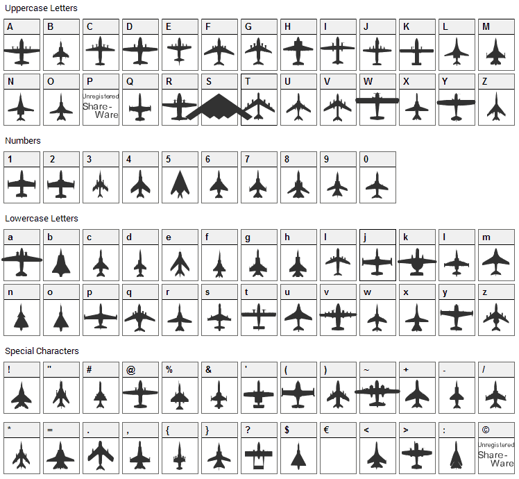 Planes-T-Modern Font Character Map