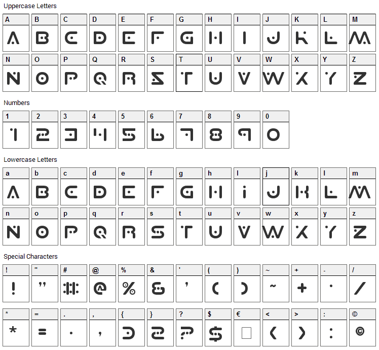 Planet X Font Character Map