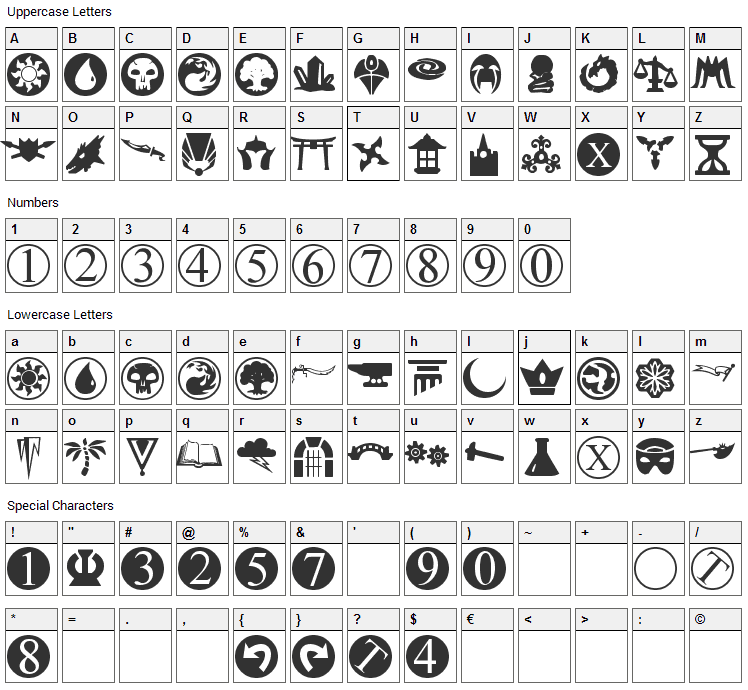 Planewalker Dings Font Character Map