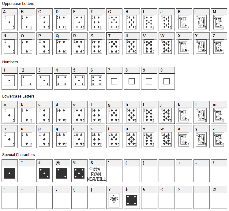 Playing Cards Font Character Map