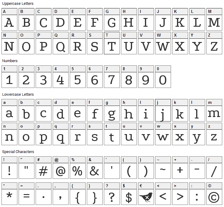 Podkova Font Character Map