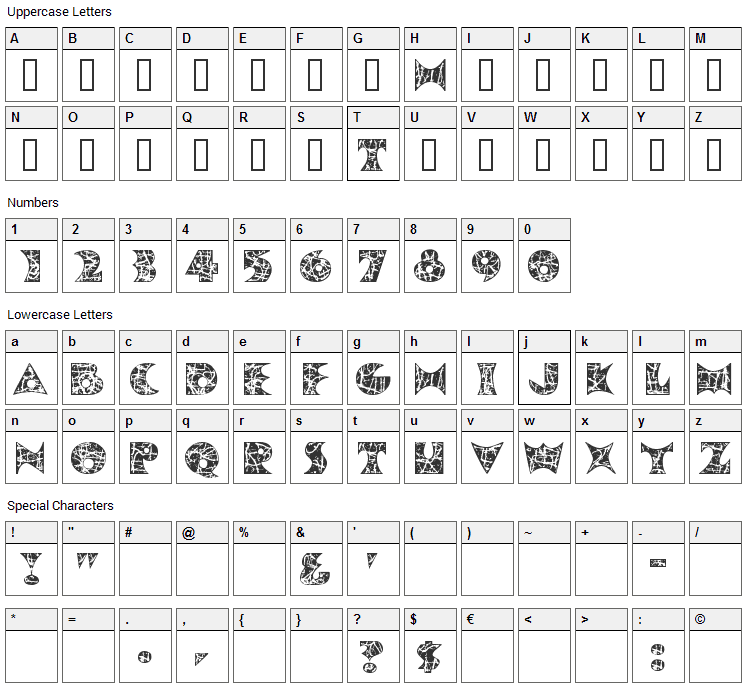 Pollock MF Font Character Map