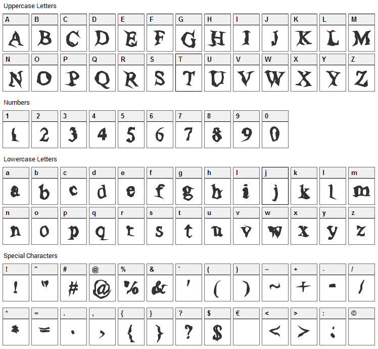 Poltergeist Thick Font Character Map