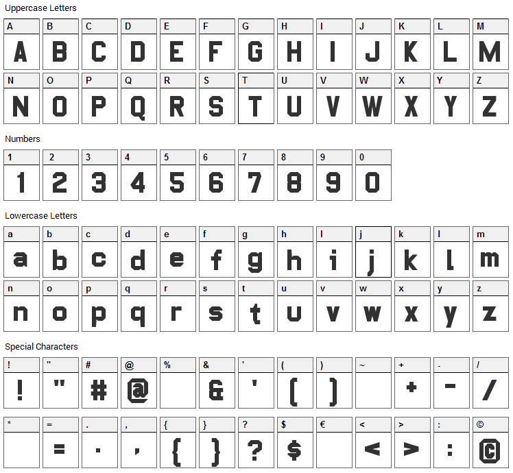 Pop Warner Font Character Map