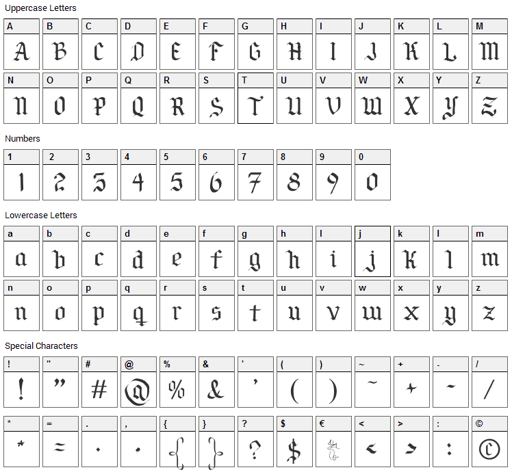 Por Siempre Gotica Font Character Map