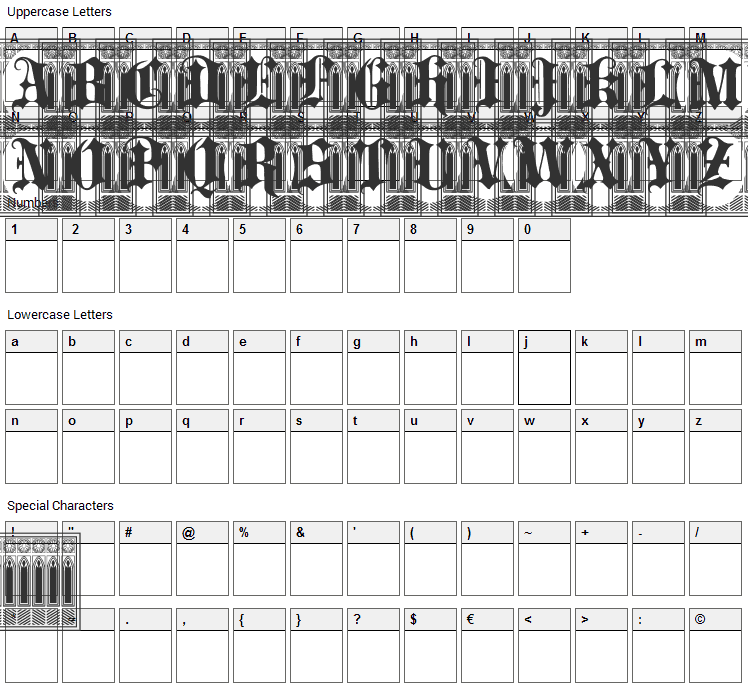 Portculliard Font Character Map