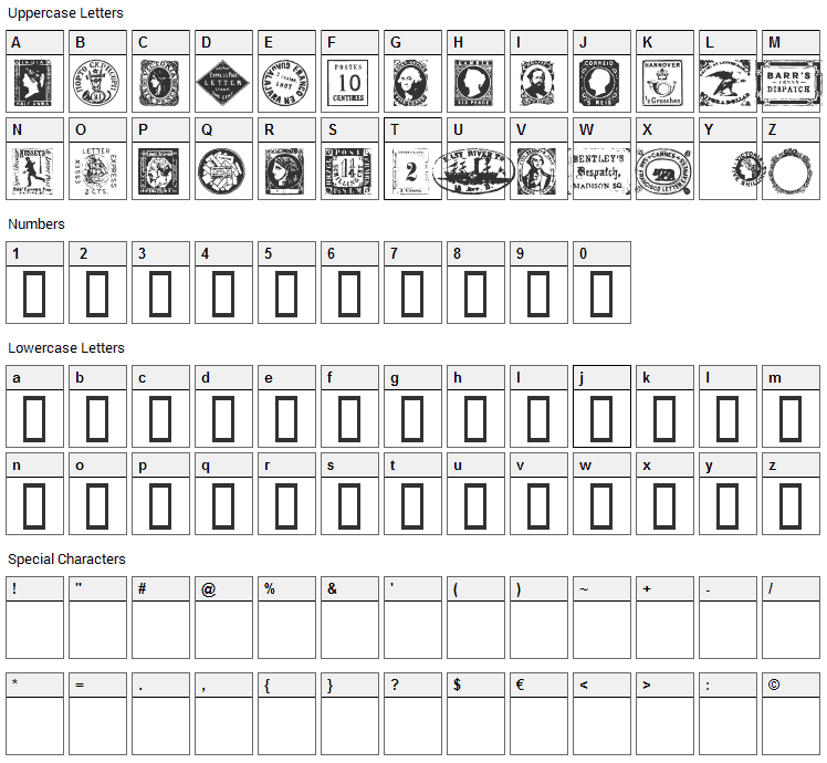 Postage Stamps Font Character Map