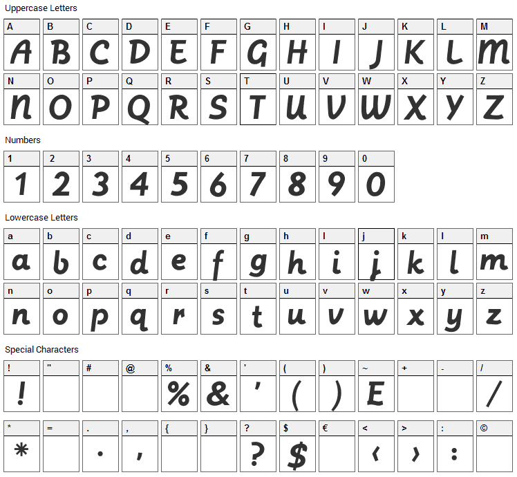 Postface Font Character Map