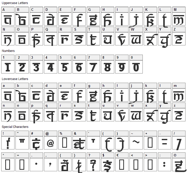 Prakrta Font Character Map