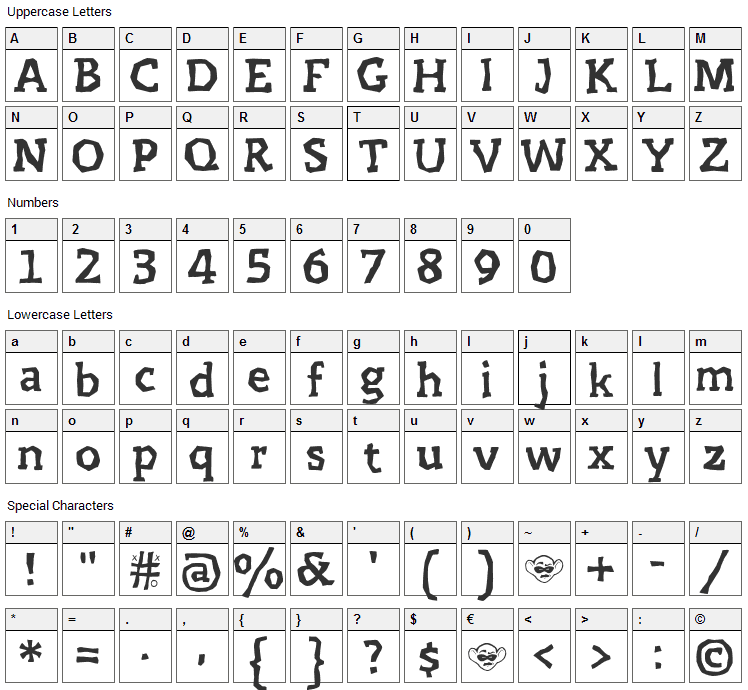Prejidenjia Font Character Map