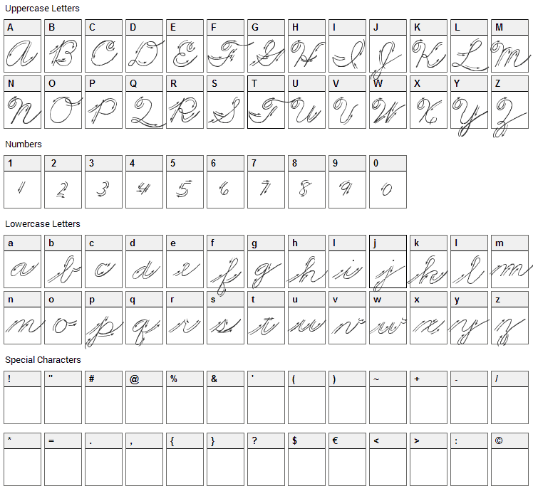 Premiers Mots Script Font Character Map