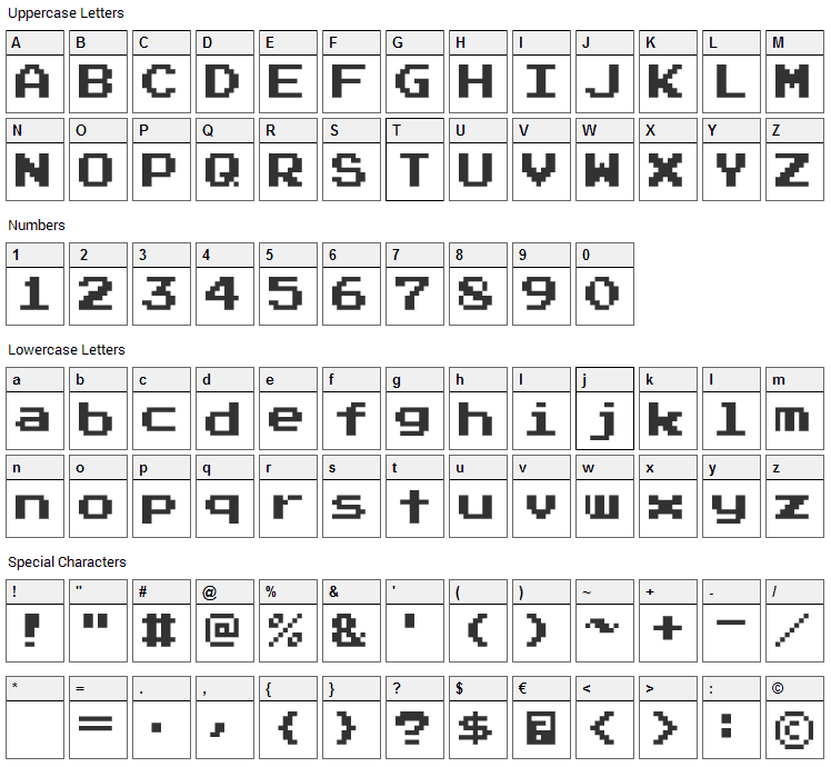 Press Start 2P Font Character Map