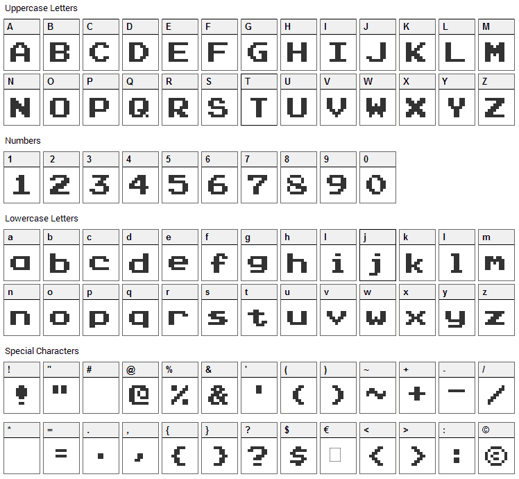 Press Start Font Character Map