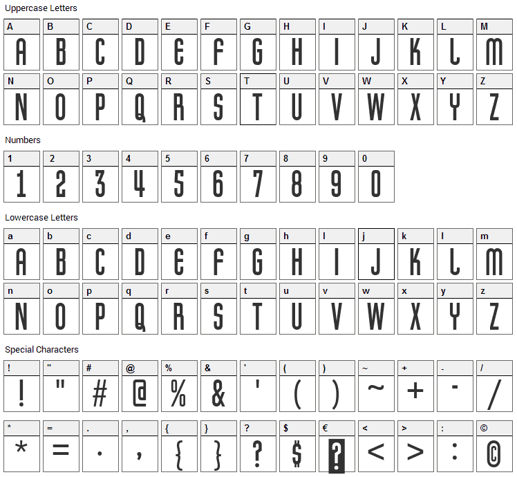 Pretender Font Character Map