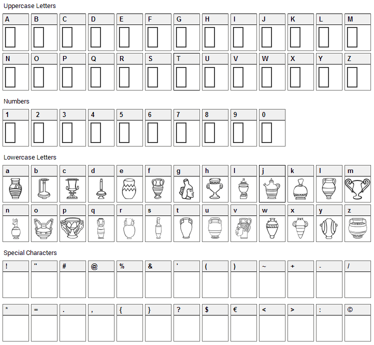 Pretty Pottery Font Character Map