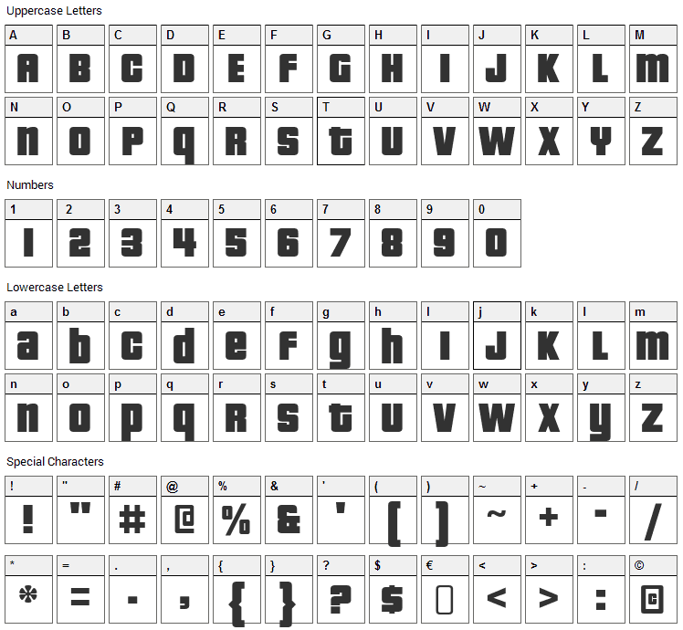 Pricedown Font Character Map