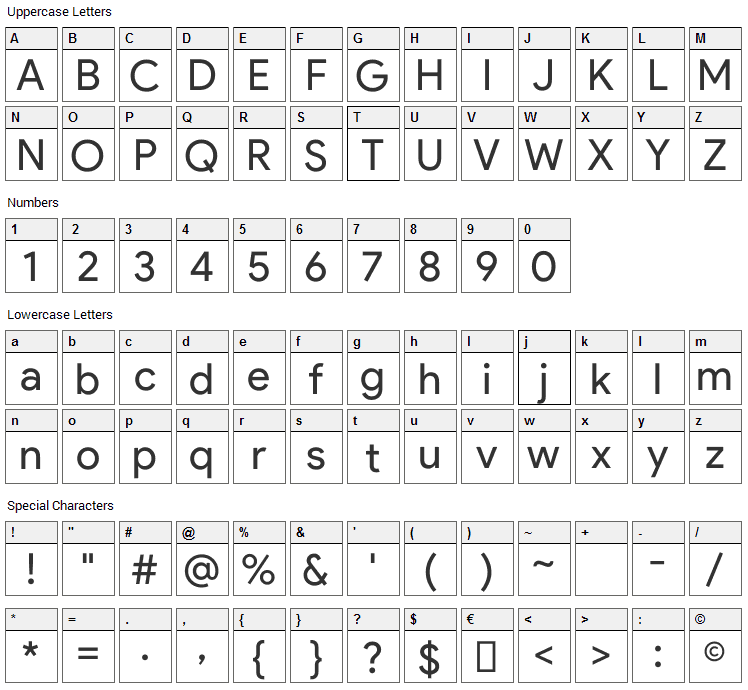 Product Sans Font Character Map