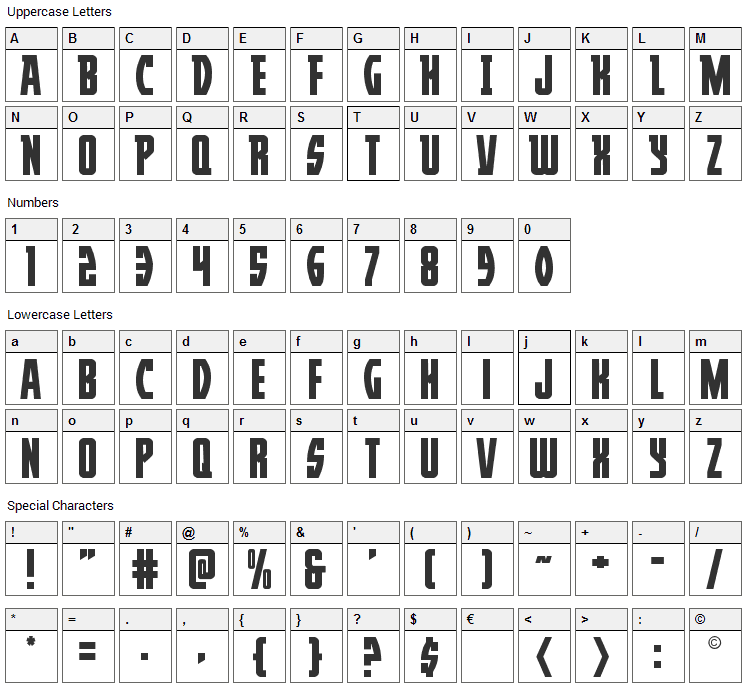 Prowler Font Character Map