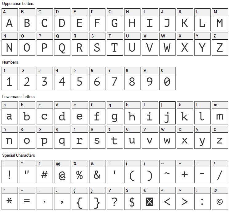 PT Mono Font Character Map