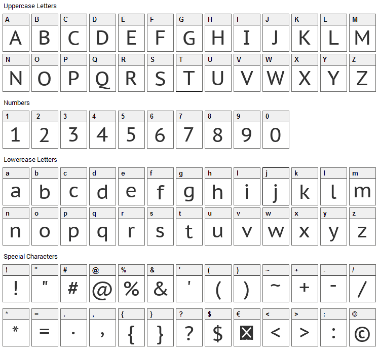 PT Sans Caption Font Character Map