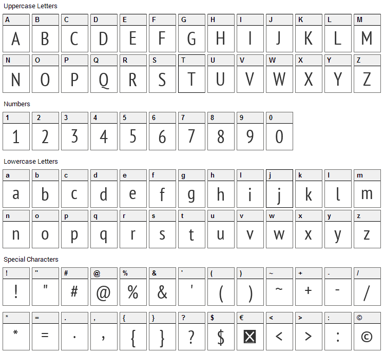 PT Sans Narrow Font Character Map