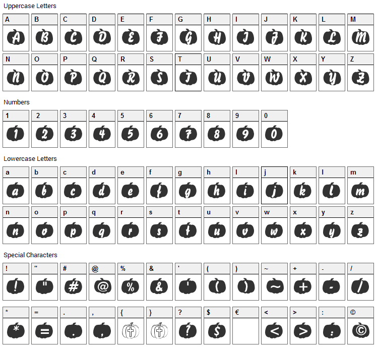 Pumpkinese Font Character Map